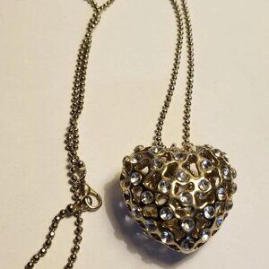 Vintage Silver Puffed Heart Pendant with Rhinestones Necklace